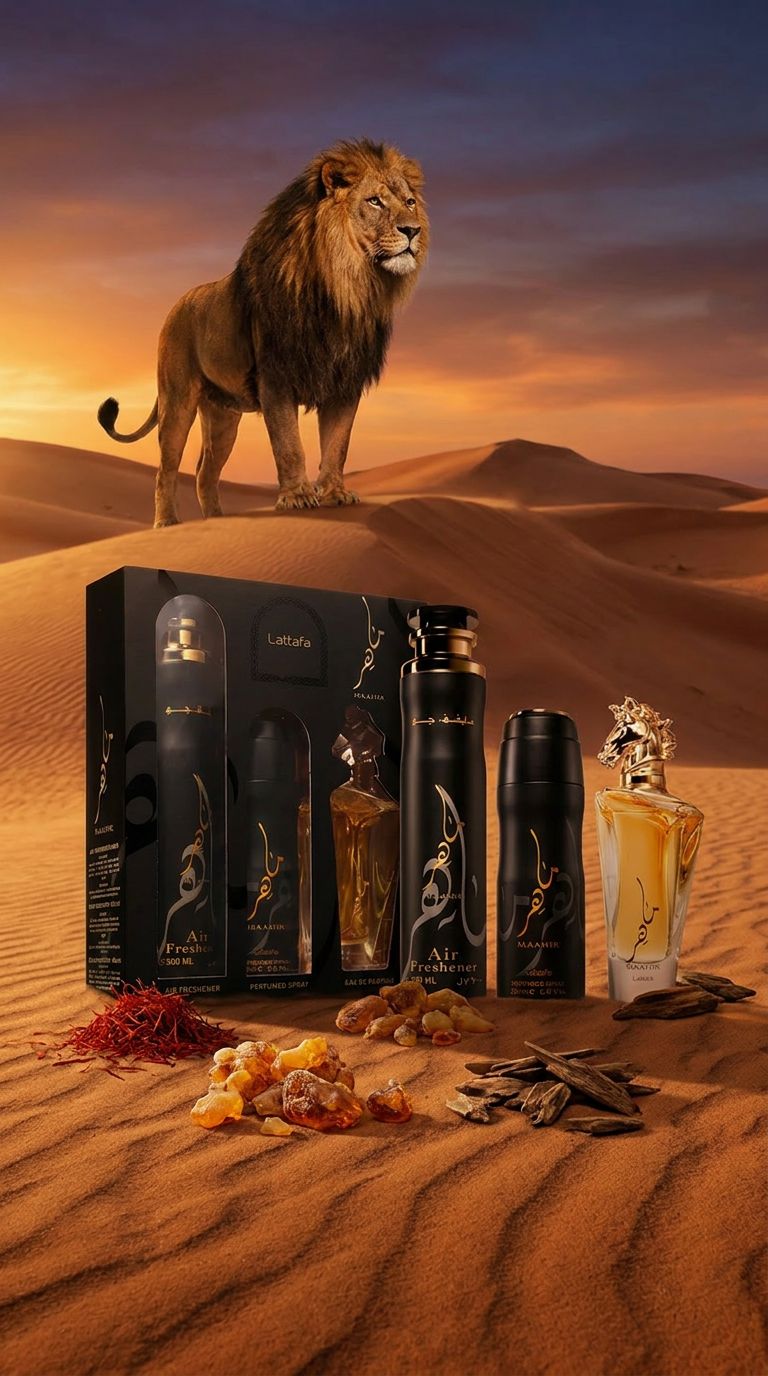 Geschenkset mit Parfüm, Deodorant und Lufterfrischer in einer Wüstenlandschaft mit Löwen.