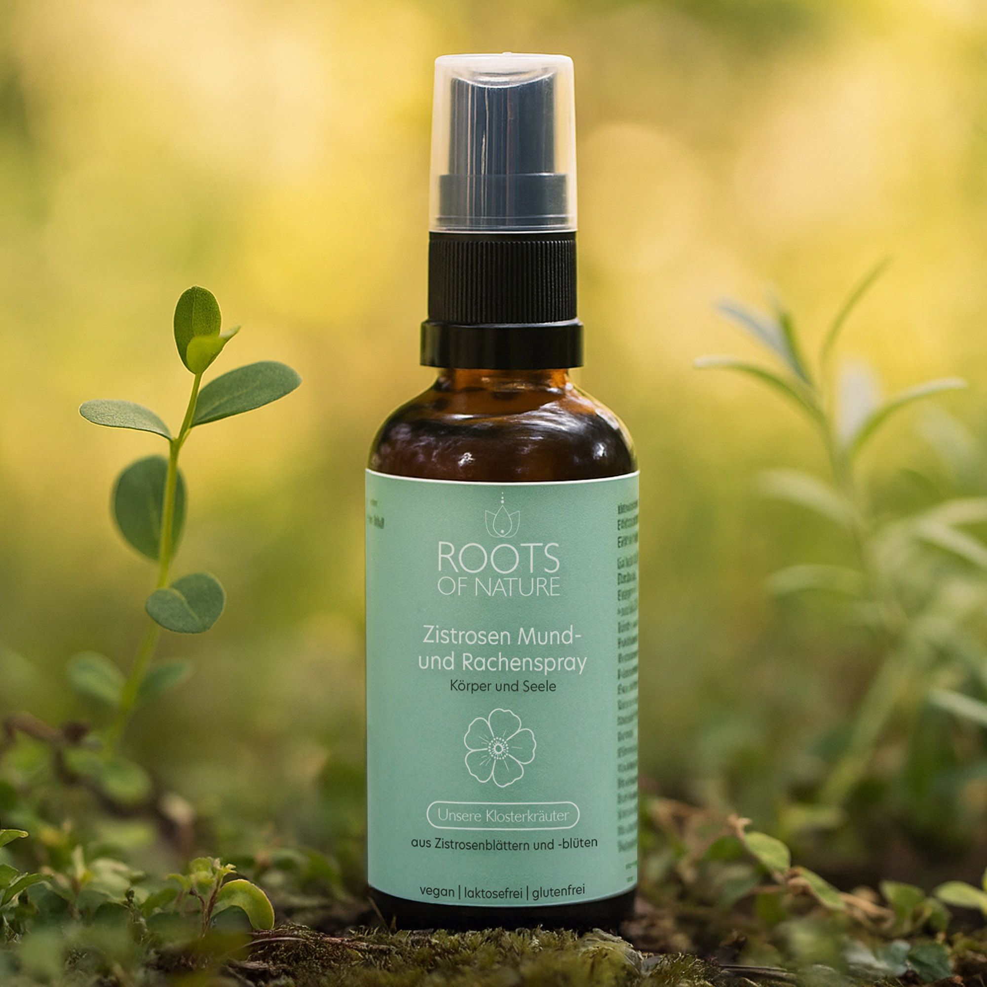 Braune Glasflasche mit Sprühkopf. Aufschrift: ROOTS OF NATURE. Produktname: Zistrosen Mund- und Rachenspray.