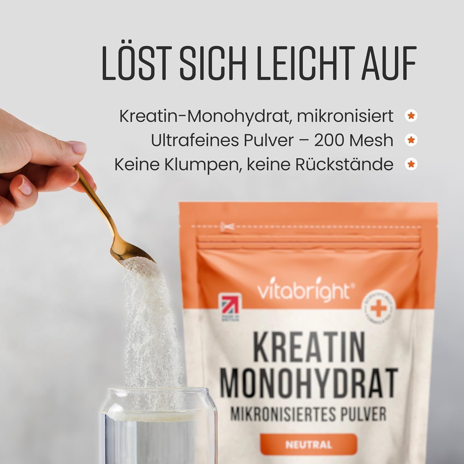 Ein Beutel "Vitabright Kreatin Monohydrat Mikronisiertes Pulver" wird gezeigt.