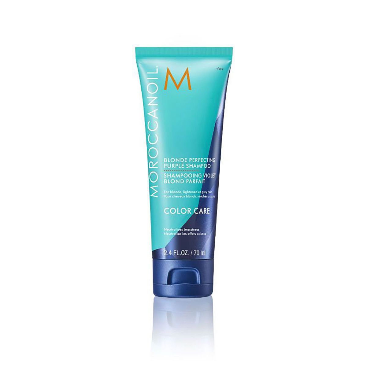 Türkise Tube mit Moroccanoil Blonde Perfecting Purple Shampoo, 70ml.