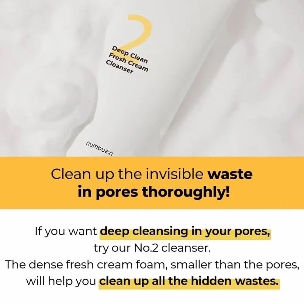 Weiße Tube mit gelber '2' und Schriftzug. Text: Deep Clean Fresh Cream Cleanser. Marke: numbuzin. Text: Clean up the invisible waste in pores thoroughly!