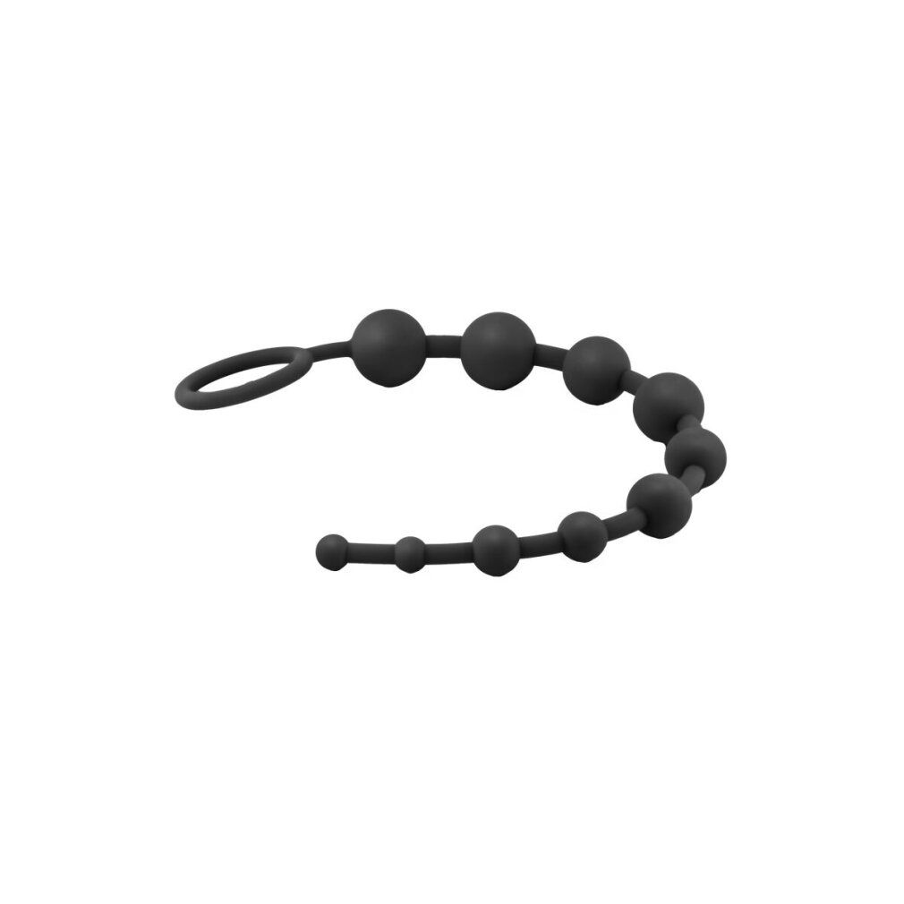 Schwarze Anal Beads aus Silikon. Bestehend aus unterschiedlich großen Kugeln, verbunden durch einen Strang. Mit Ring.