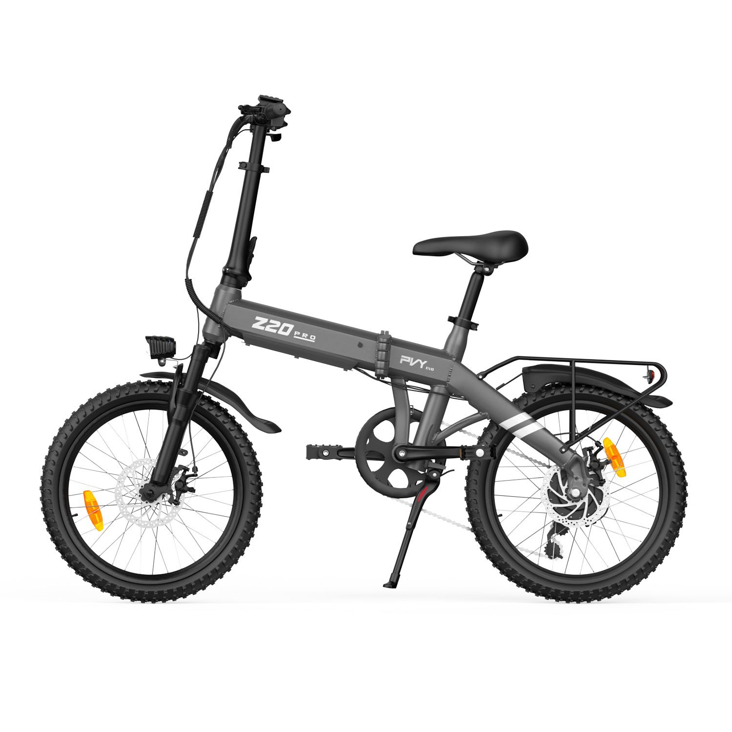 Graues Klapp-E-Bike mit schwarzem Sattel, Lenker und Reifen. Gepäckträger hinten. PVY-Logo.