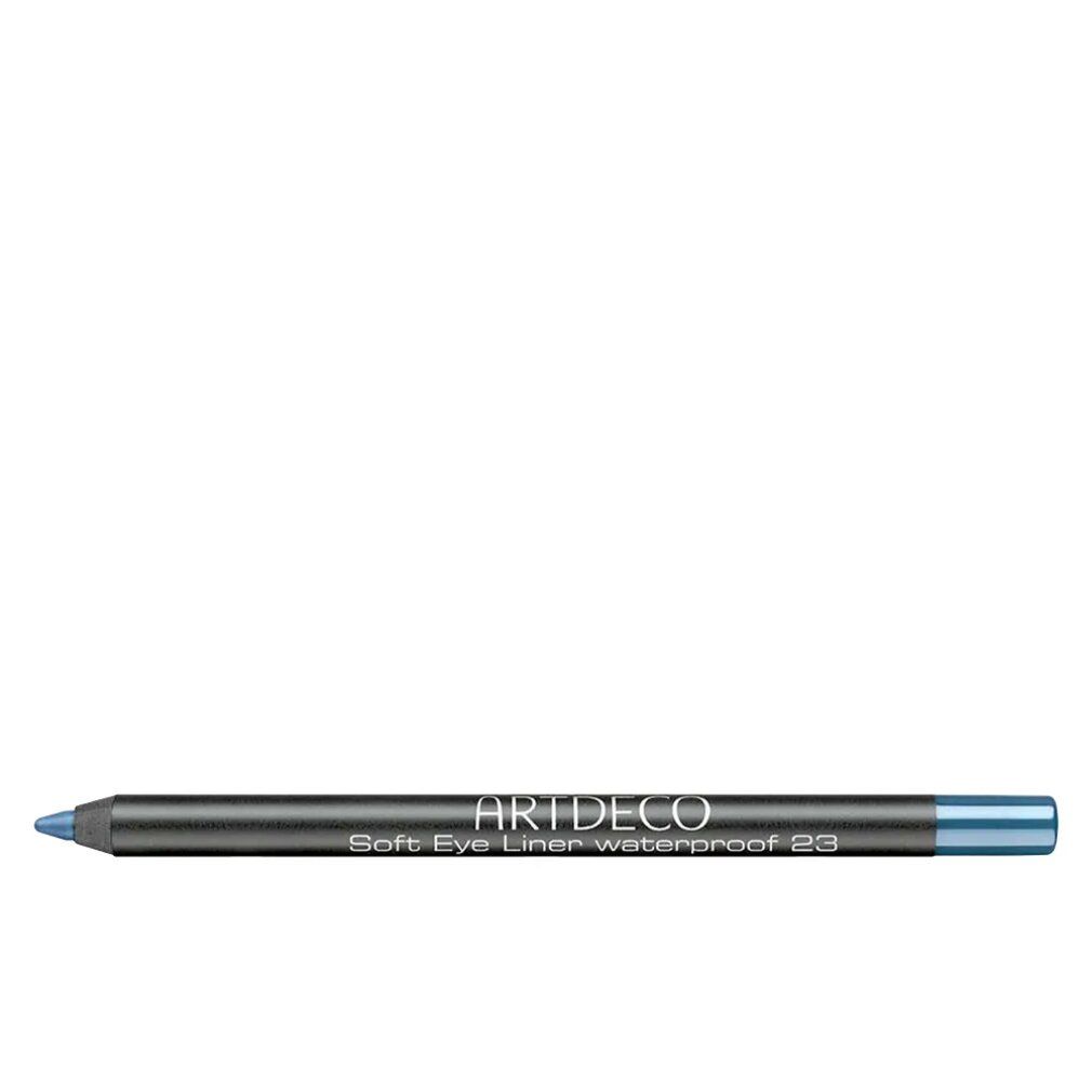 Artdeco Soft Eye Liner Waterproof 23. Blauer Kajalstift. Schwarzer Stift mit blauem Ende. Produktname und Details aufgedruckt.