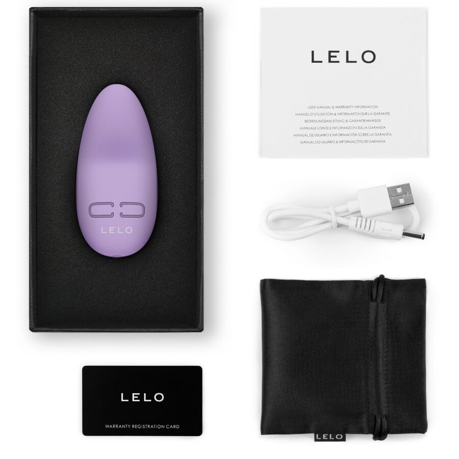 Schwarze Verpackung mit lila Vibrator. Marke LELO, Modell Lily 3.