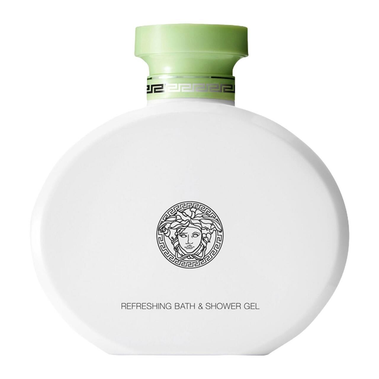 Weißer, ovaler Flakon mit grünem Verschluss. Unten steht "Refreshing Bath & Shower Gel". Das Versace-Logo ist mittig platziert.