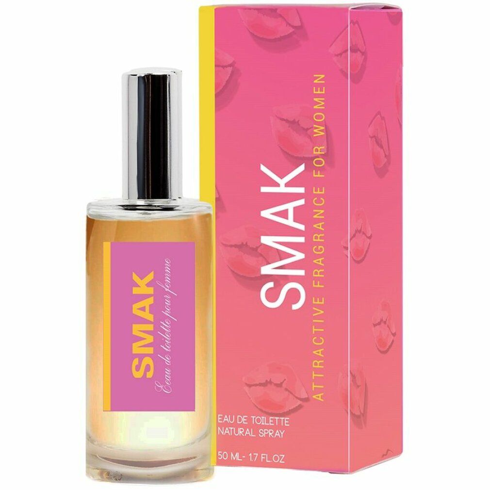 Parfümflasche und Verpackung. Flasche mit silberner Kappe und rosa Etikett. Verpackung rosa mit Lippen-Motiv. Aufschrift: SMAK.