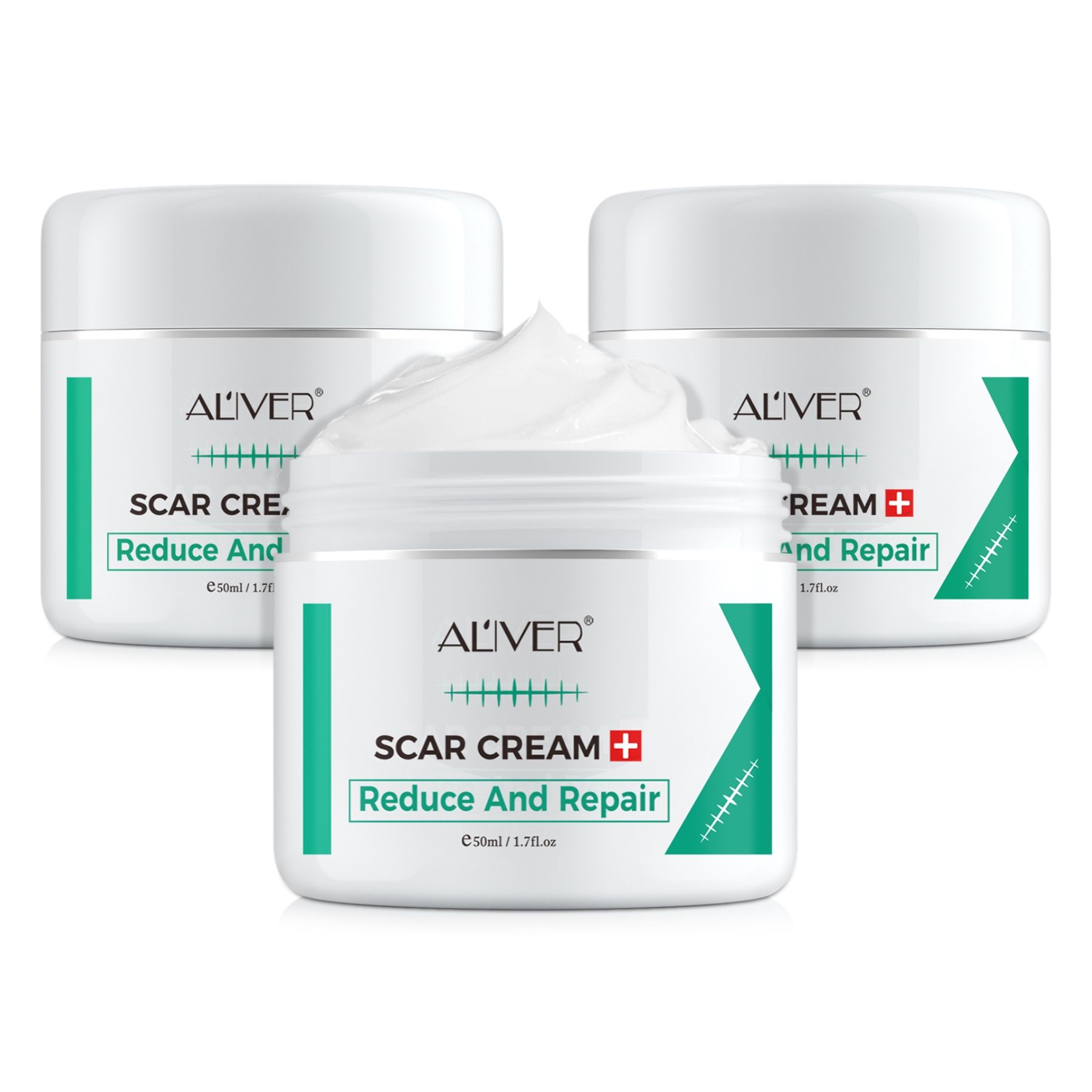Drei Tiegel ALIVER Scar Cream. Reduziert Narben. 50ml/1.7 fl.oz. Weißer Tiegel mit grünen und weißen Akzenten. Text: Reduce And Repair.