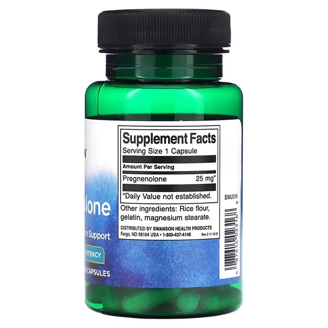 Grüne Flasche mit schwarzem Deckel. Rückseite mit Etikett: Supplement Facts, Pregnenolon 25 mg.