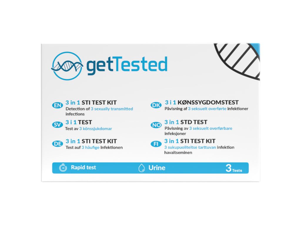 Verpackung des GetTested 3 in 1 STI Test Kits. Enthält Text in mehreren Sprachen, darunter Deutsch. Zeigt auch 'Rapid test', 'Urine' und '3 Tests'.