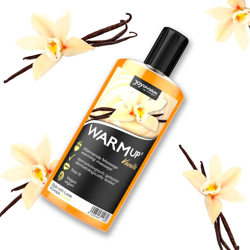 Flasche mit schwarzem Deckel. Aufschrift: WARMUP, Vanille. Logo: Blume und Vanilleschoten.