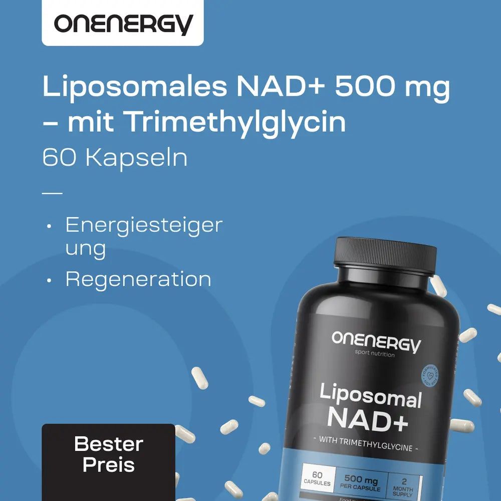 Flasche mit Kapseln. Aufschrift: OnEnergy, Liposomal NAD+, 500 mg, mit Trimethylglycin. 60 Kapseln. Text: Energie, Regeneration. Bester Preis.