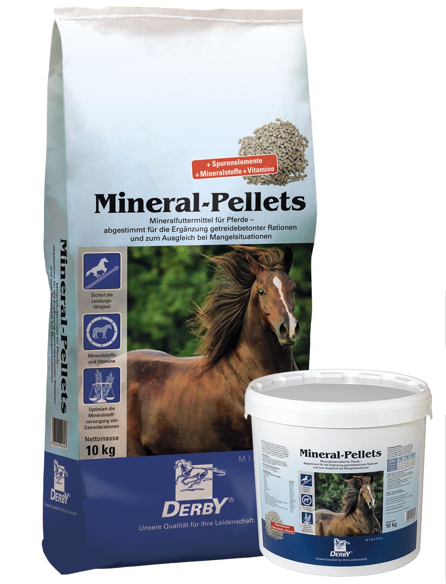 Mineral-Pellets für Pferde. Großpackung und Eimer. Aufschrift: Mineral-Pellets, Derby. Enthält Spurenelemente, Mineralstoffe und Vitamine. 10 kg.