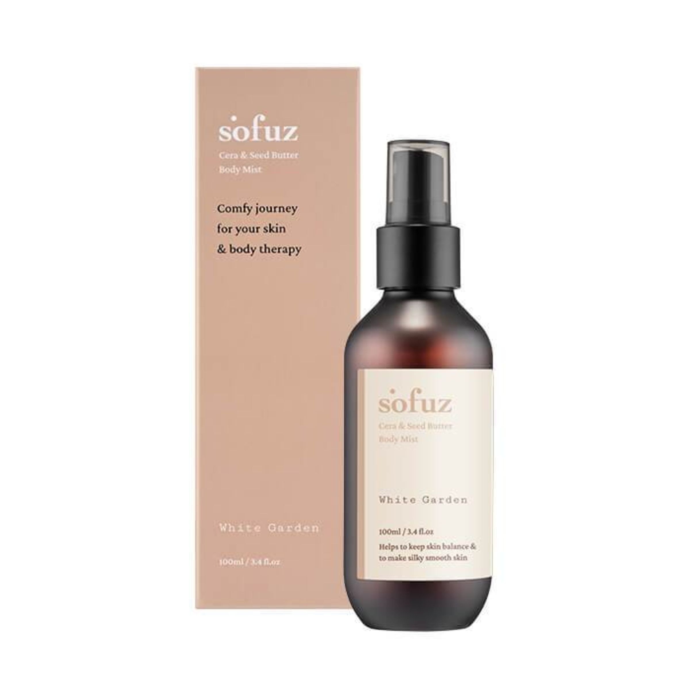 Braune Flasche und Verpackung. Aufschrift: Sofuz, White Garden Body Mist. Text: Comfy journey for your skin & body therapy.