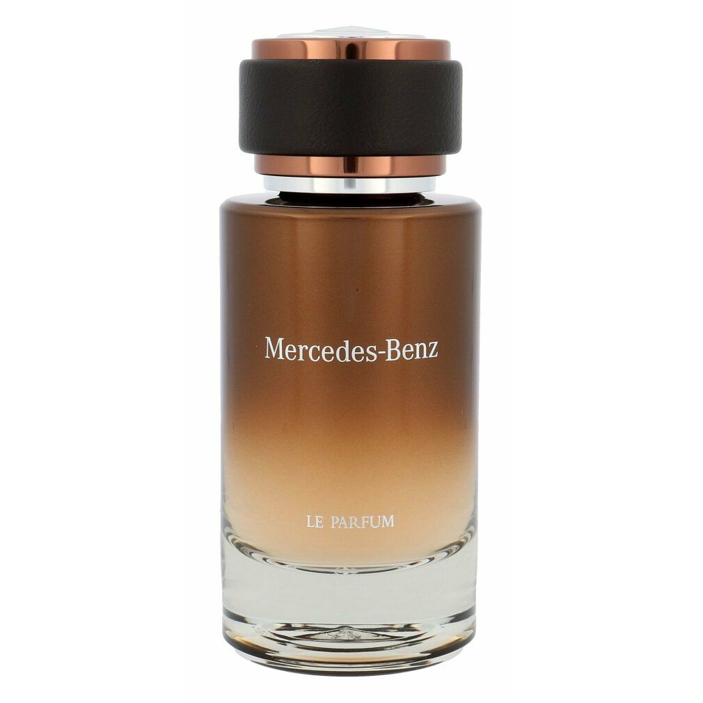 Parfümflakon mit braunem Farbverlauf. Kupferfarbener Deckel. Schriftzug: Mercedes-Benz, LE PARFUM. Glasflakon.