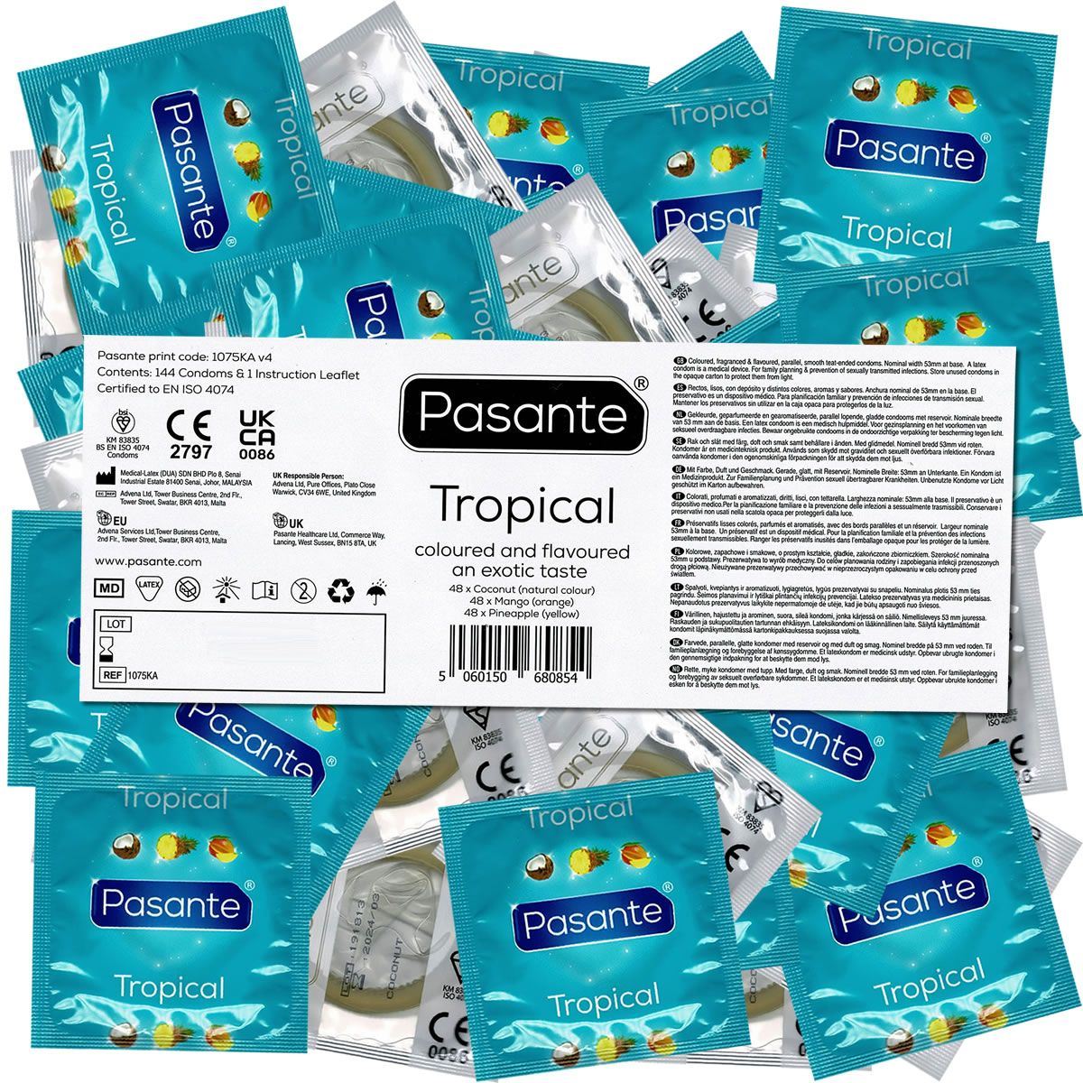 Mehrere Kondom-Einzelverpackungen und eine Produktverpackung mit der Aufschrift "Pasante Tropical". CE-Kennzeichnung und weitere Informationen.