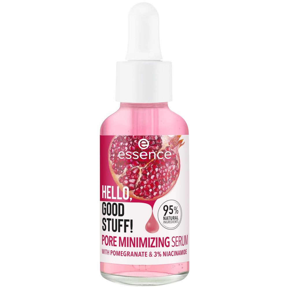 Serumflasche mit Pipette. Aufschrift: Hello, Good Stuff! Porenverfeinerndes Serum. Mit Granatapfel und 3% Niacinamid.