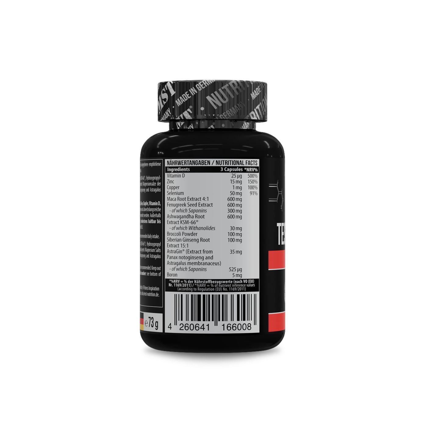 Schwarze Kapsel-Dose mit Etikett. Aufschrift: MST, Nutrition, Nährwertangaben. Rückseite mit Inhaltsstoffen. Barcode und Gewicht.