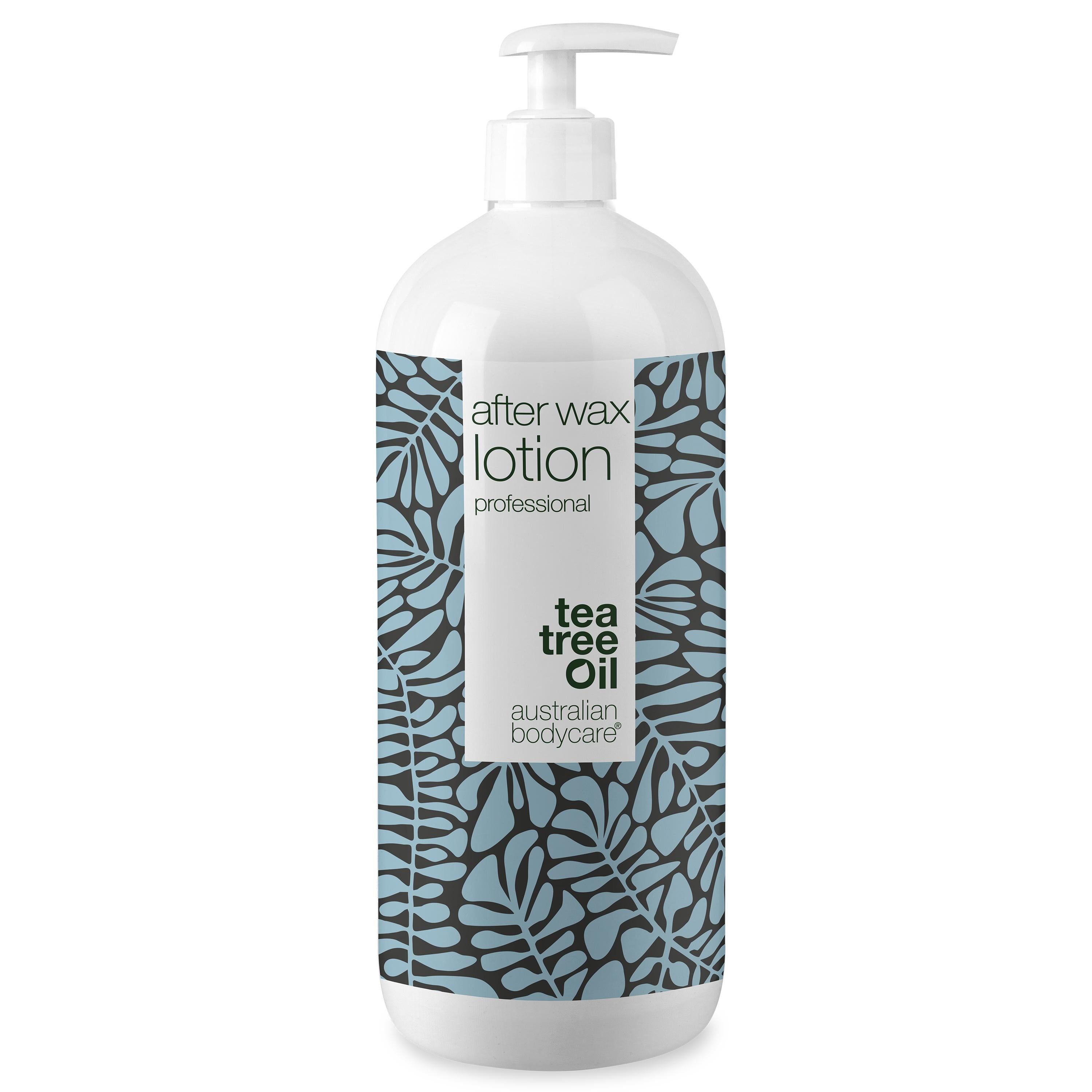 Weiße Flasche mit Pumpe. Aufschrift: After Wax Lotion, Tea Tree Oil, australian bodycare.