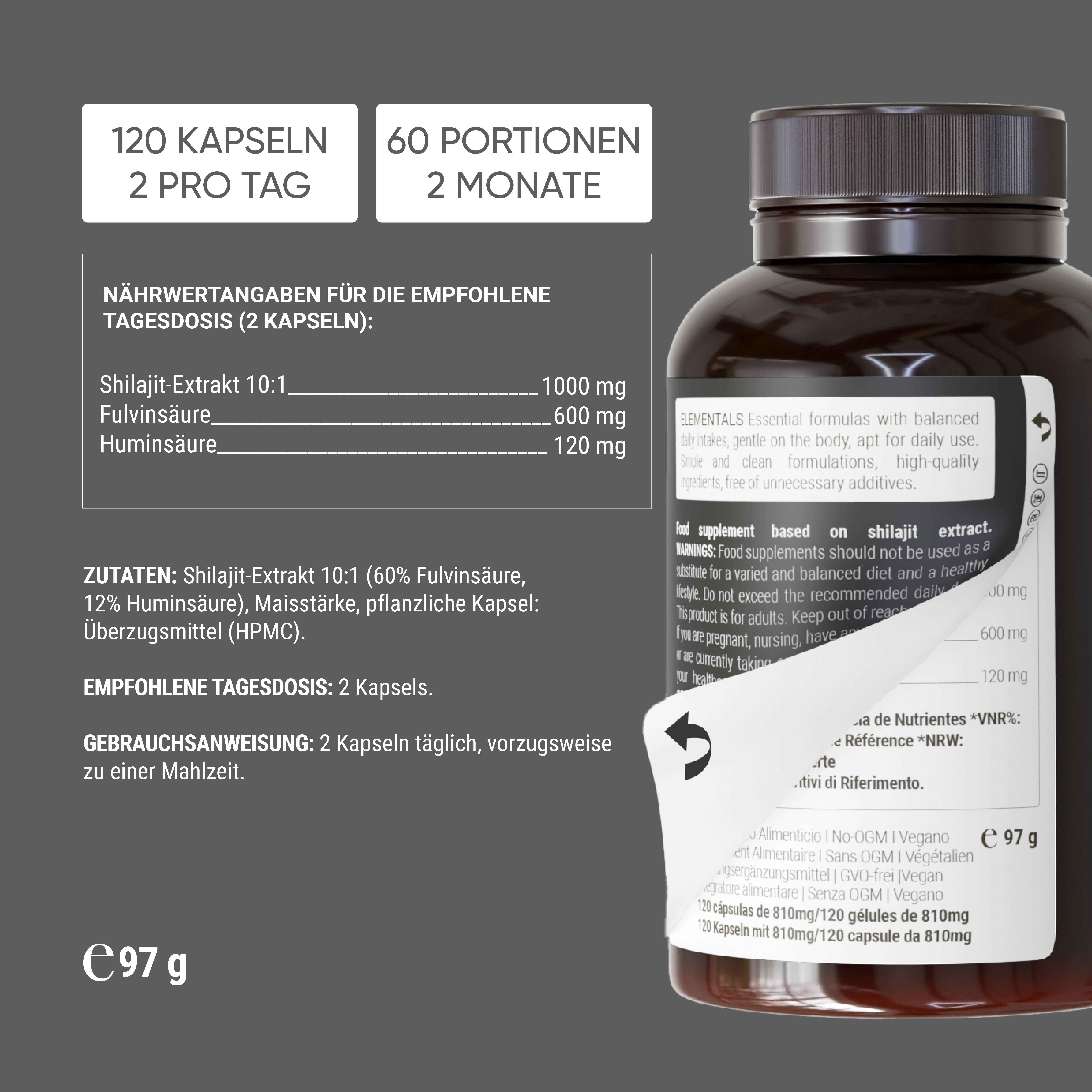 Braune Flasche mit Kapseln. Text: 120 Kapseln, 60 Portionen. Nährwertangaben. Inhaltsstoffe. Gebrauchsanweisung.