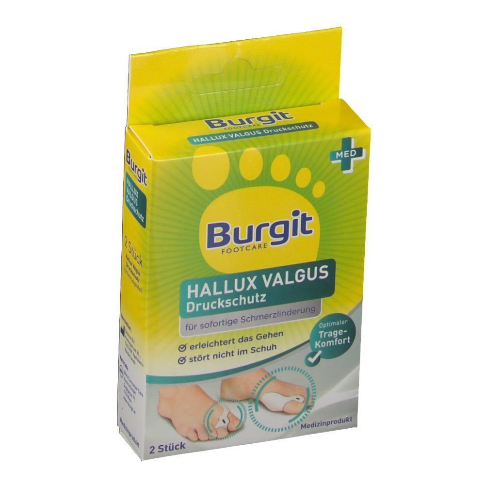 Burgit Hallux Valgus Druckschutz Verpackung. Gelbe Schachtel mit Produktlogo und Text. 2 Stück. Medizinprodukt.