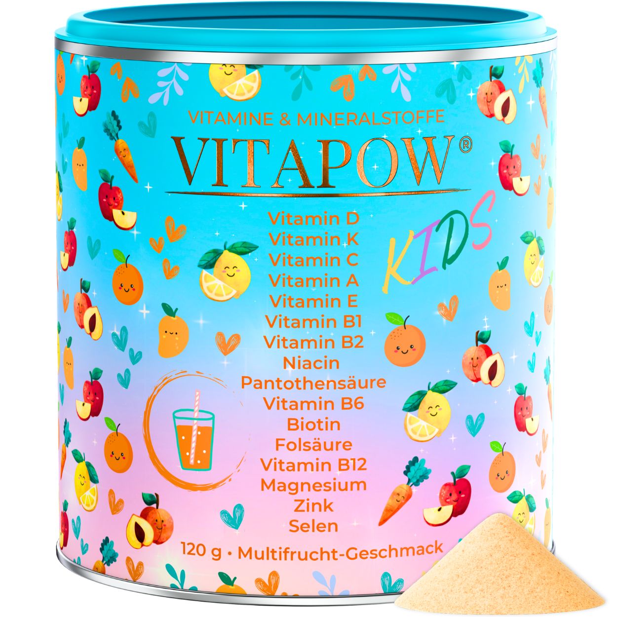 Produktverpackung: Vitapow Kids, 120g, Multfrucht-Geschmack. Vitamine und Mineralstoffe. Gelbes Pulver daneben.