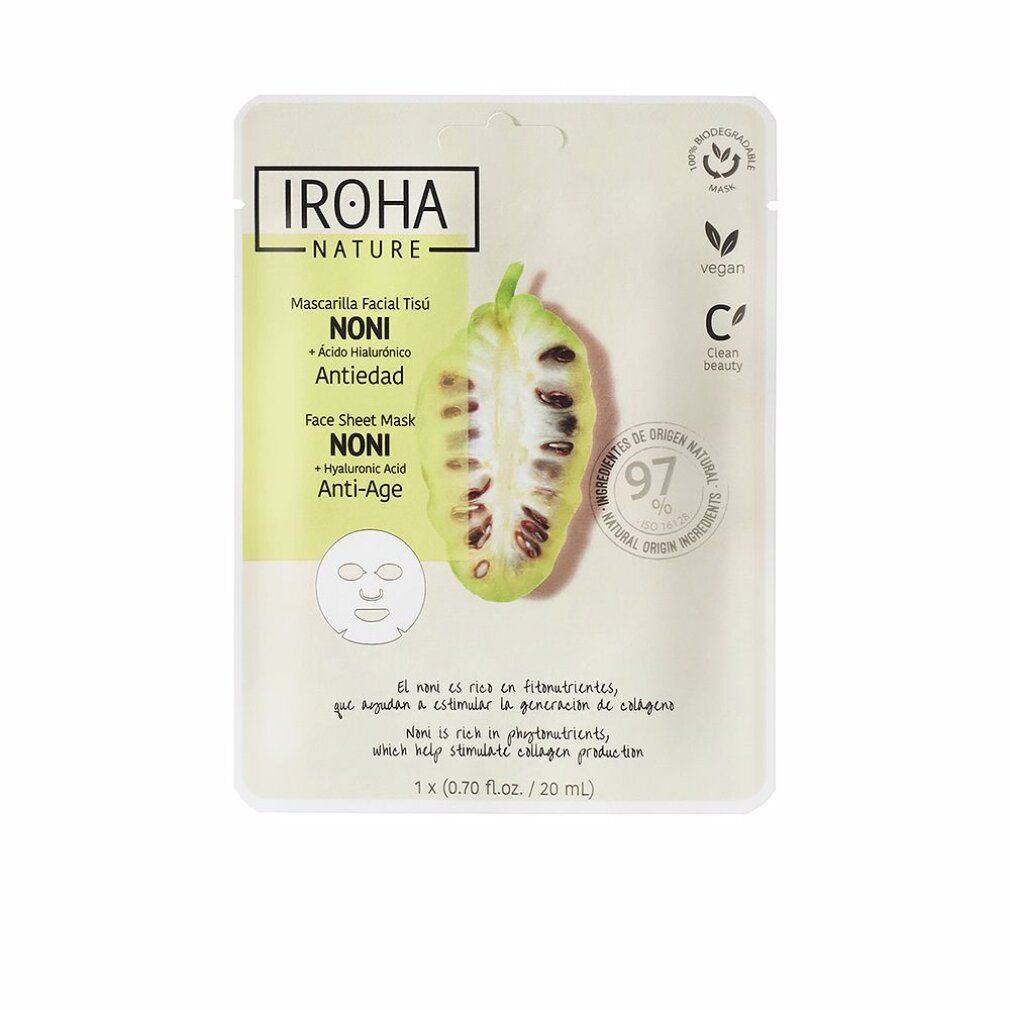 Gesichtsmaske mit Noni und Hyaluronsäure. Verpackung mit Produktnamen, Inhaltsstoffen und Zertifizierungen. Vegan, Clean Beauty.