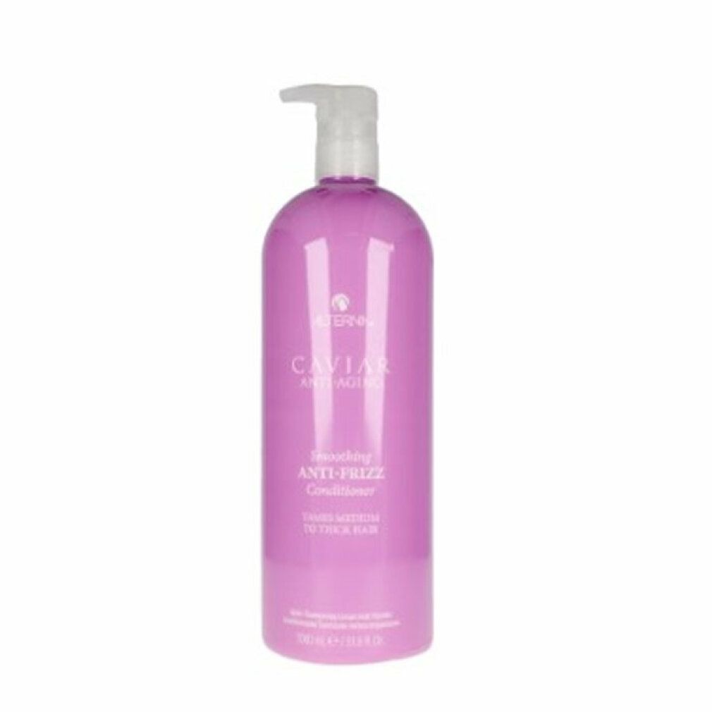 Lila Flasche mit Pumpspender, Alterna Caviar Anti-Frizz Conditioner.