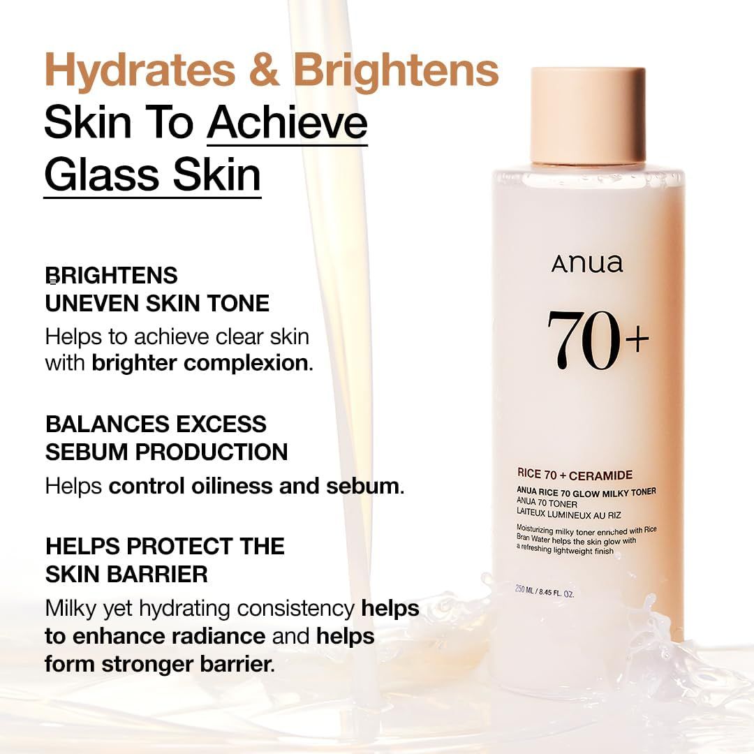 Anua 70+ Toner-Flasche mit Text. Text: Hydrates & Brightens Skin To Achieve Glass Skin. Hilft bei klarer Haut.
