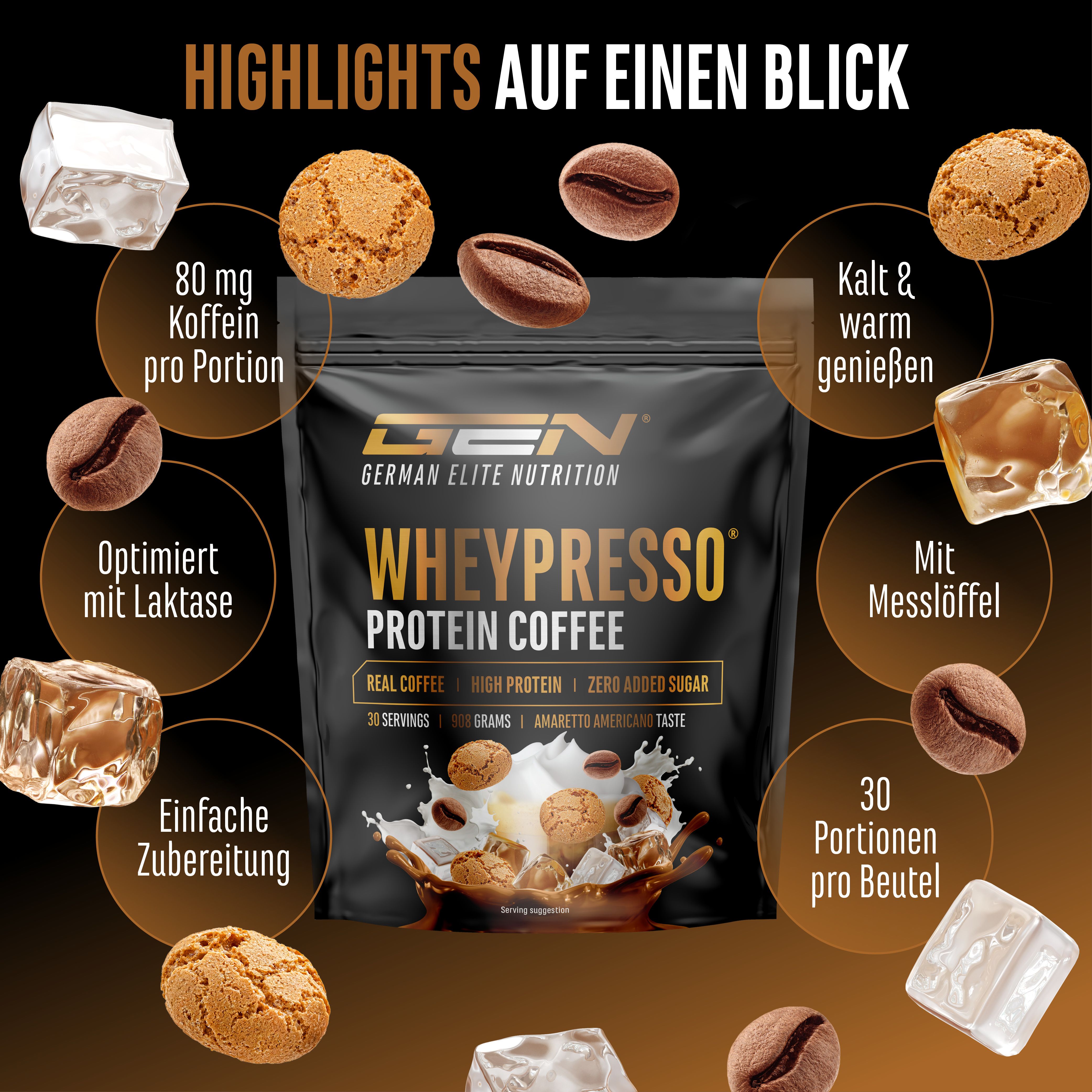 Produktverpackung von GEN Wheypresso Protein Coffee. Schwarze Tüte mit Produktnamen und Highlights. 30 Portionen.