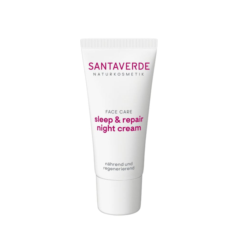 Weiße Tube mit SANTAVERDE-Logo und Produktbezeichnung: sleep & repair night cream. Text: Face Care, nährend und regenerierend.