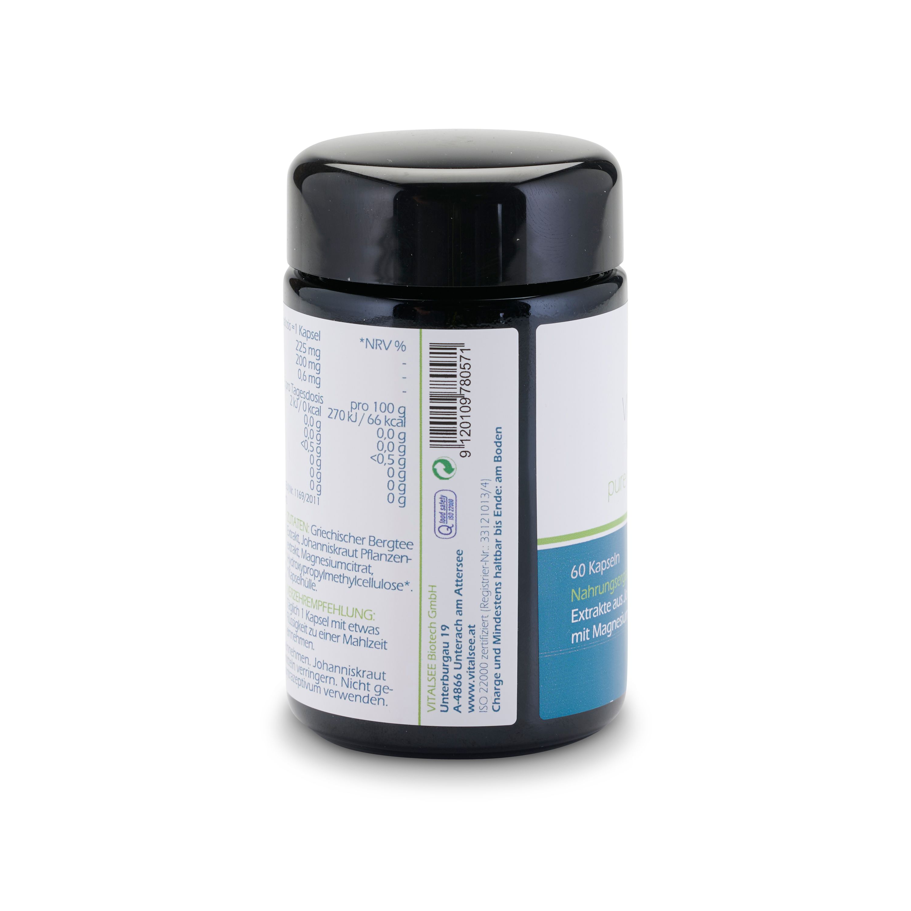 Rückseite der Dose. Enthält Informationen zu Inhaltsstoffen und Nährwerten. Text in deutscher Sprache. Schwarzer Deckel.