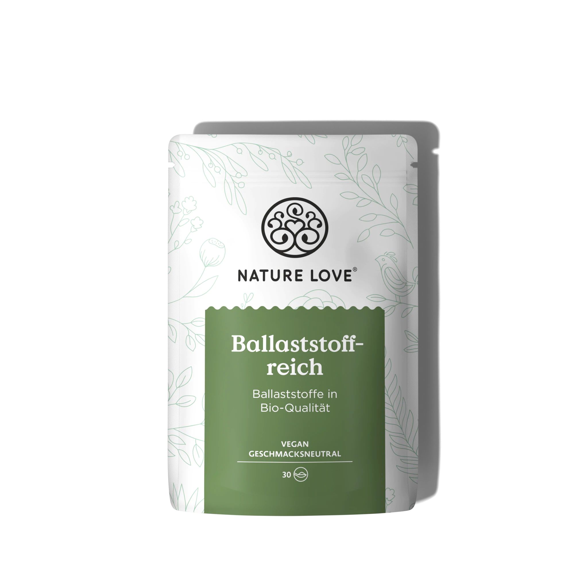 Verpackung NATURE LOVE® Ballaststoffreich Pulver. Weiß-grüne Verpackung mit Logo und Schriftzug. Vegan, geschmacksneutral.