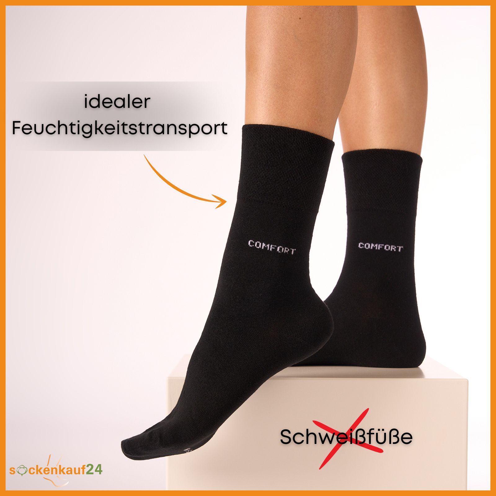 Schwarze Socken am Bein. Aufschrift "COMFORT". Text: idealer Feuchtigkeitstransport. Text: Schweißfüße (durchgestrichen).
