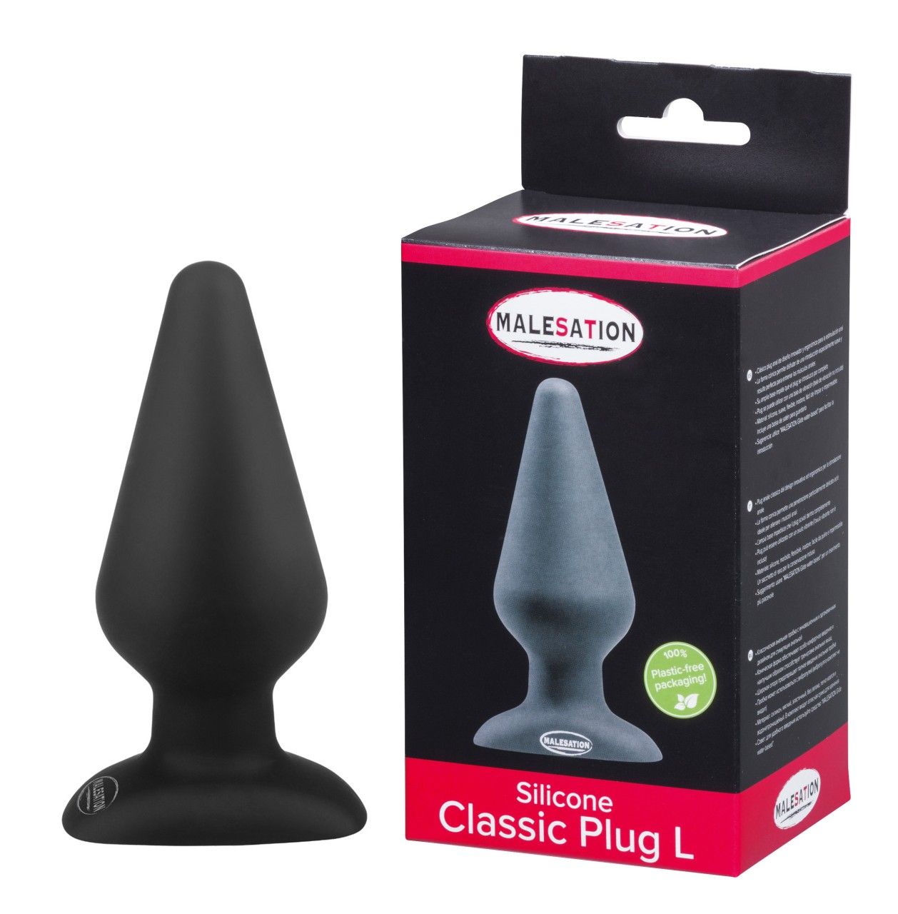Schwarzer Silikon-Plug, Größe L, mit breiter Basis. Inklusive Verpackung.