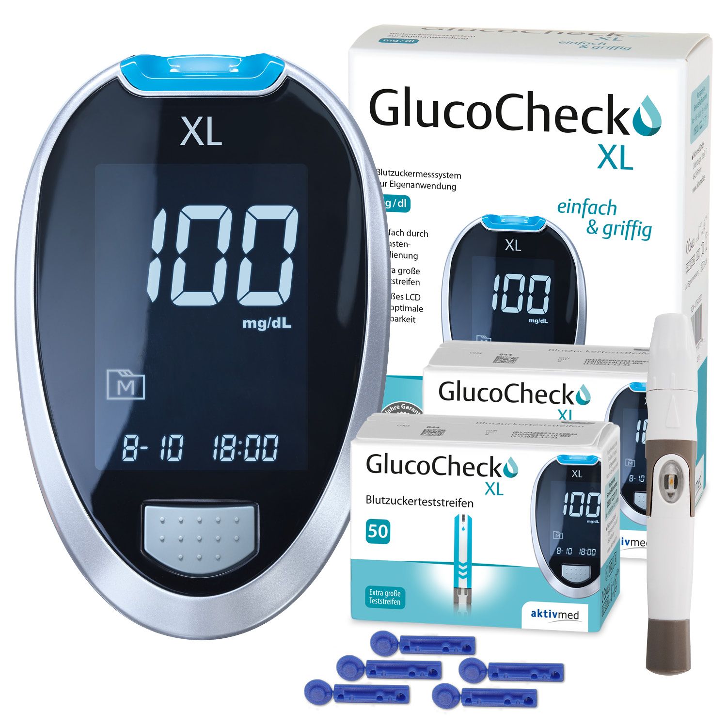 GlucoCheck XL Set [mg/dl] mit 110 Teststreifen zur Kontrolle des Blutzuckers