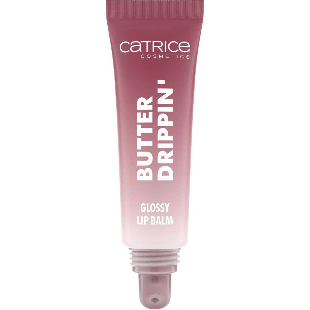 Catrice Butter Drippin' Lip Balm. Tube mit rosa Farbverlauf. Schriftzug 'Butter Drippin' und 'Glossy Lip Balm'.
