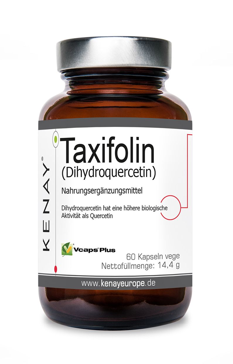 Braune Glasflasche mit Schraubverschluss. Aufschrift Taxifolin (Dihydroquercetin) KENAY. 60 Kapseln. Vcaps Plus Siegel.