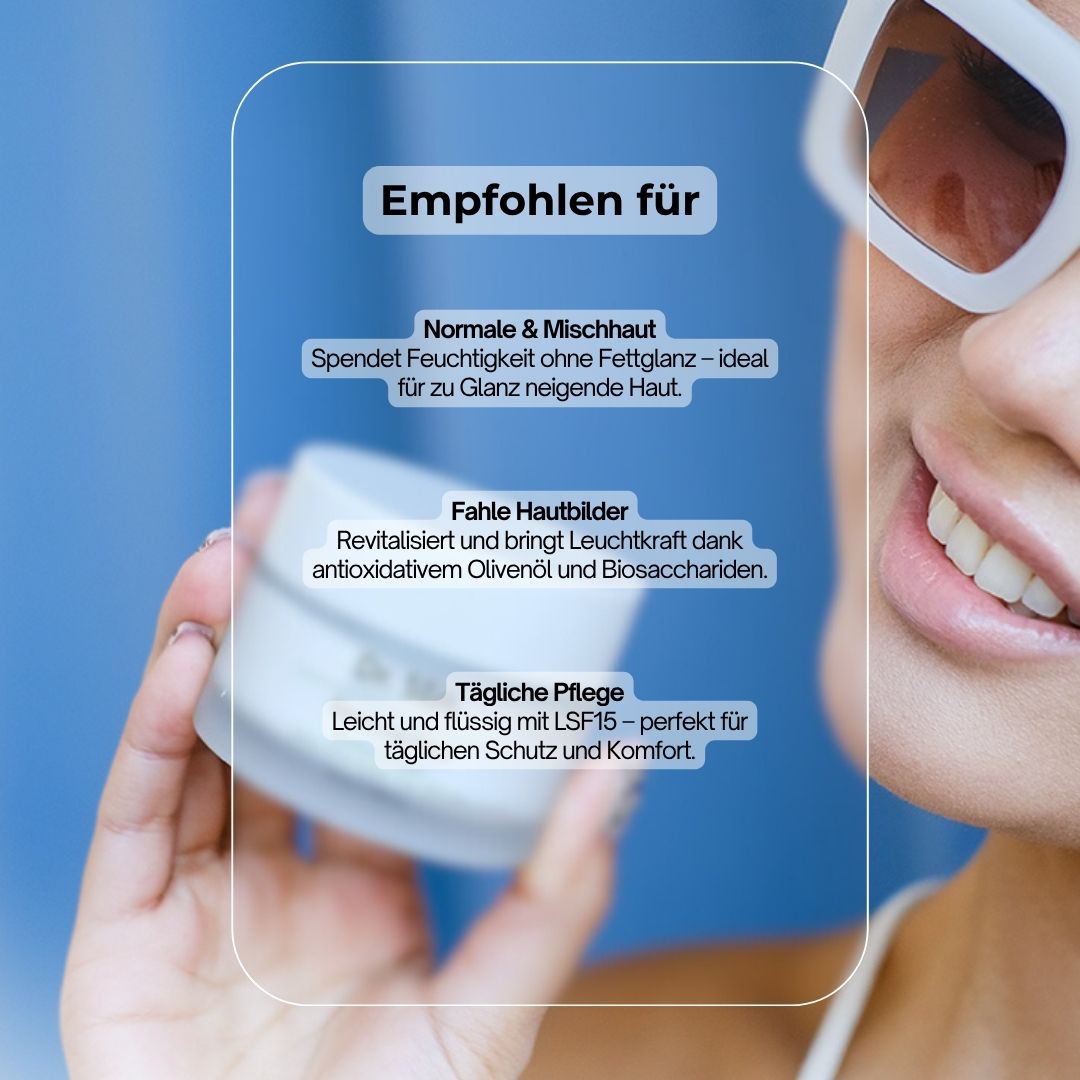 Frau mit Sonnenbrille hält Produkt. Text: Empfohlen für: Normale & Mischhaut, Fahle Hautbilder, Tägliche Pflege.