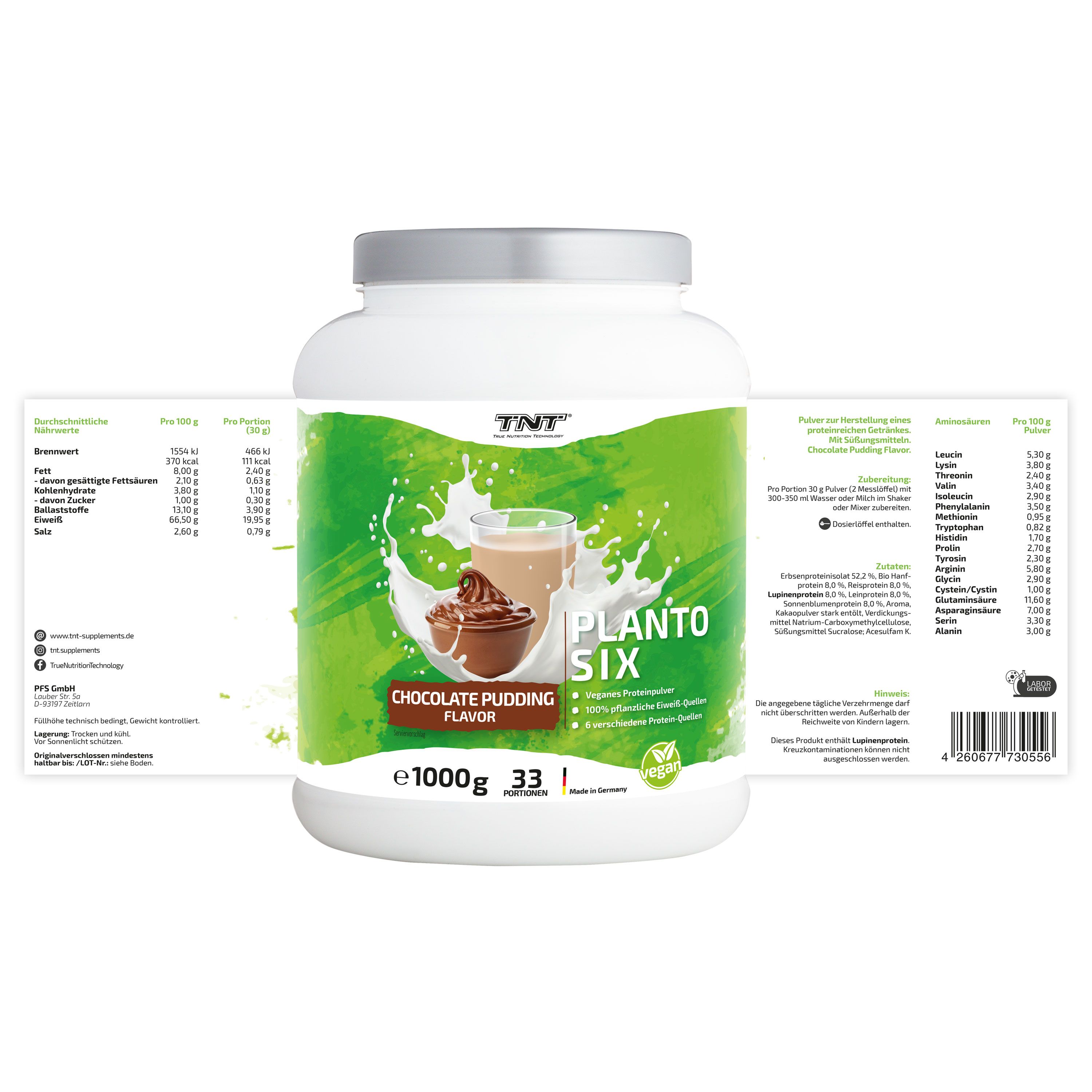 Weiße Dose mit grünem Etikett. Aufdruck: TNT Planto Six, Schoko-Pudding Geschmack, 1000g, 33 Portionen. Nährwertangaben aufklappbar.