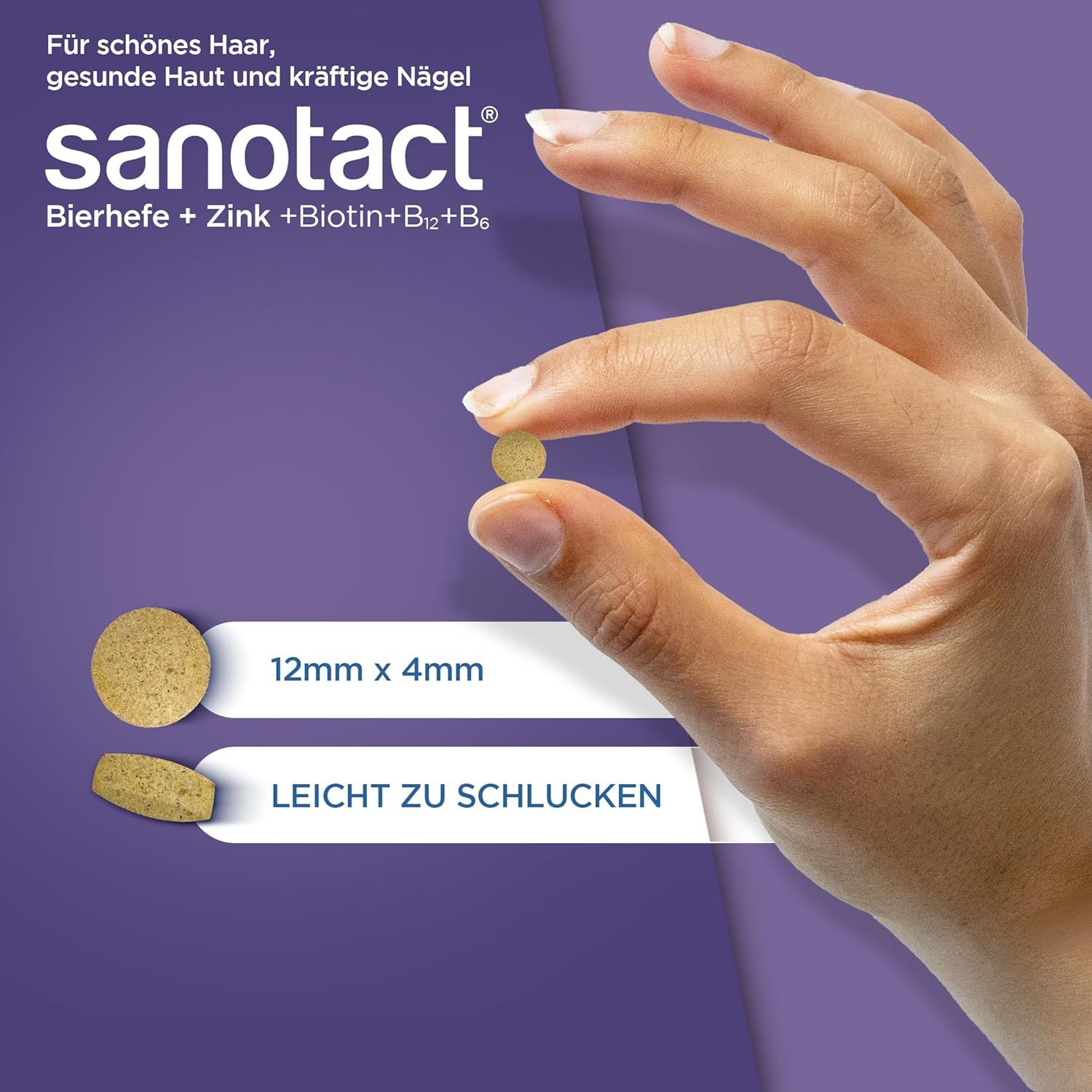 Hand hält eine Tablette Bierhefe + Zink. Größe: 12mm x 4mm. Daneben zwei Tabletten. Aufschrift: Leicht zu schlucken.