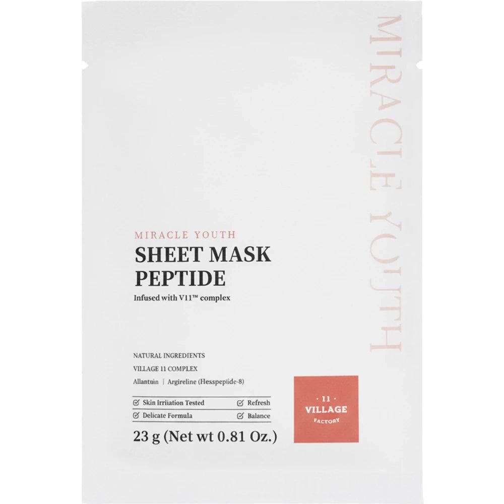 Weiße Verpackung mit Produktinformationen. Text: Miracle Youth Sheet Mask Peptide. 23g. Dermatologisch getestet.