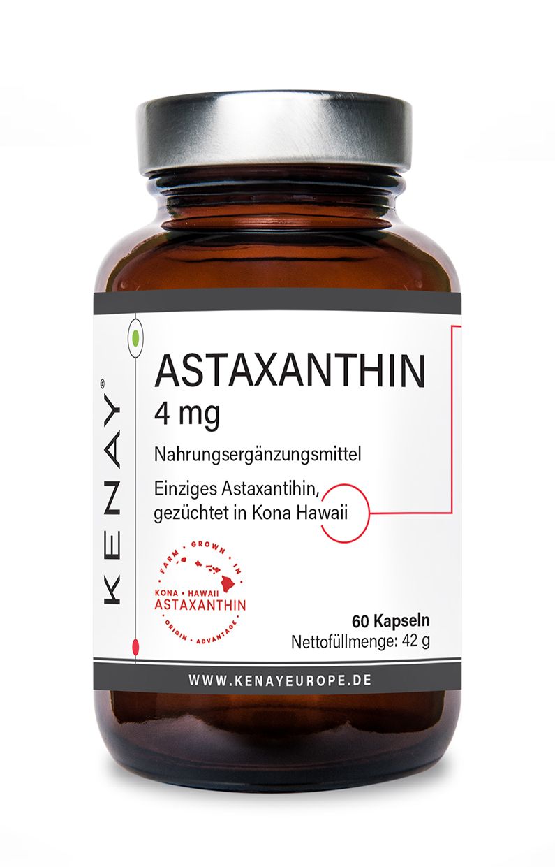 Braune Glasflasche mit Astaxanthin 4 mg, 60 Kapseln. KENAY®-Logo und Produktinformationen.