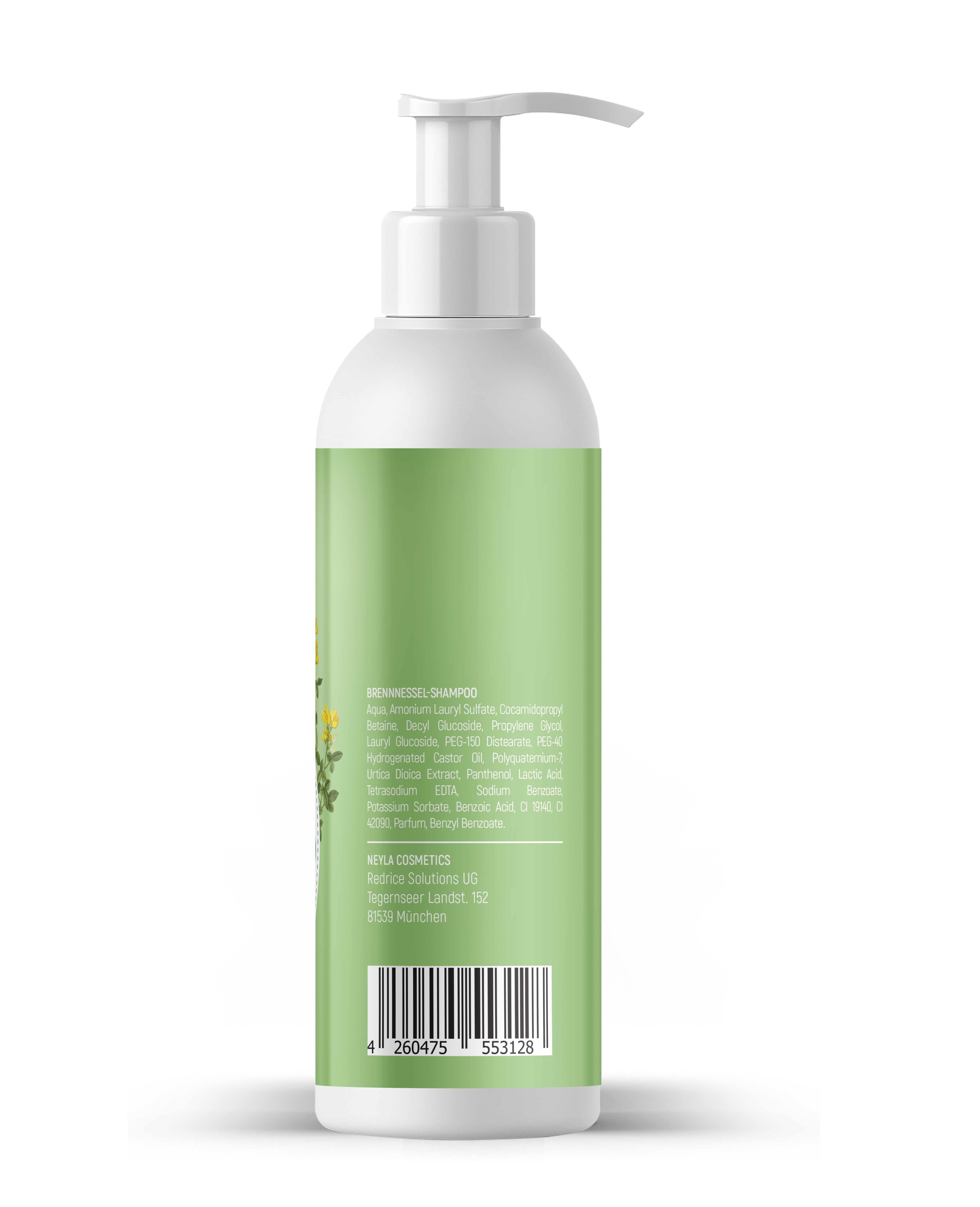 Rückseite der Shampoo-Flasche. Etikett mit Inhaltsstoffen, Herstellerinformationen und Barcode.
