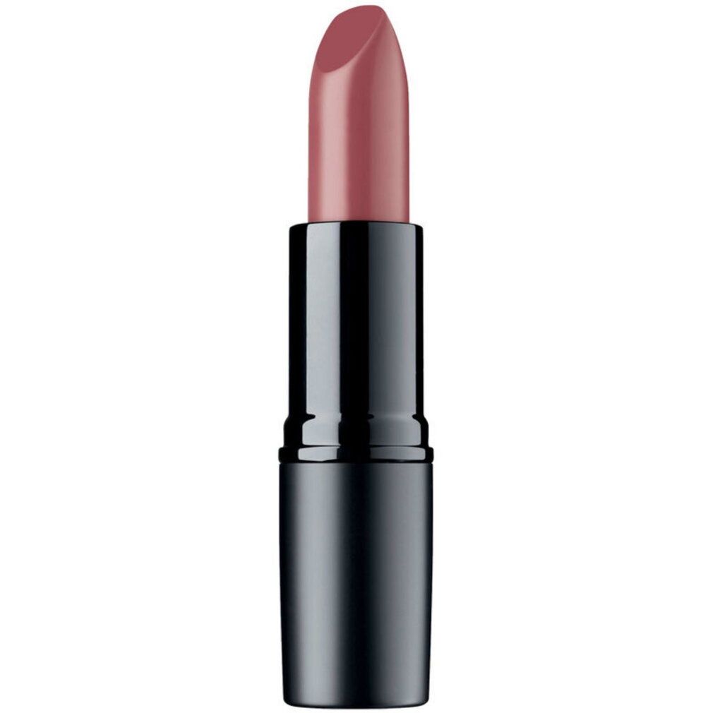 Ein matter, rosafarbener Lippenstift in einem schwarzen Gehäuse.