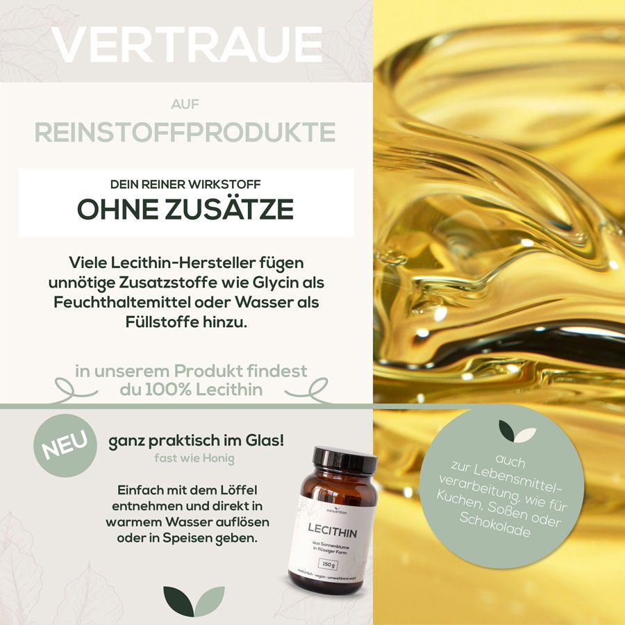 Braune Glasflasche mit Etikett „Lecithin aus Sonnenblume in flüssiger Form“. 150g. Praktisch im Glas. Zum Auflösen in Wasser oder Speisen.