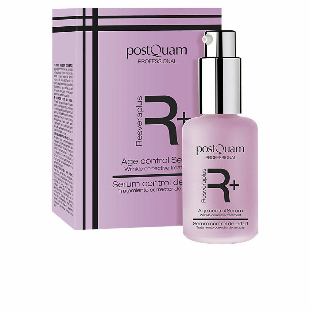 Rosa Flasche mit Sprühkopf und Verpackung. Aufschrift: Postquam Resveraplus Age control Serum. Faltenkorrektur-Behandlung.