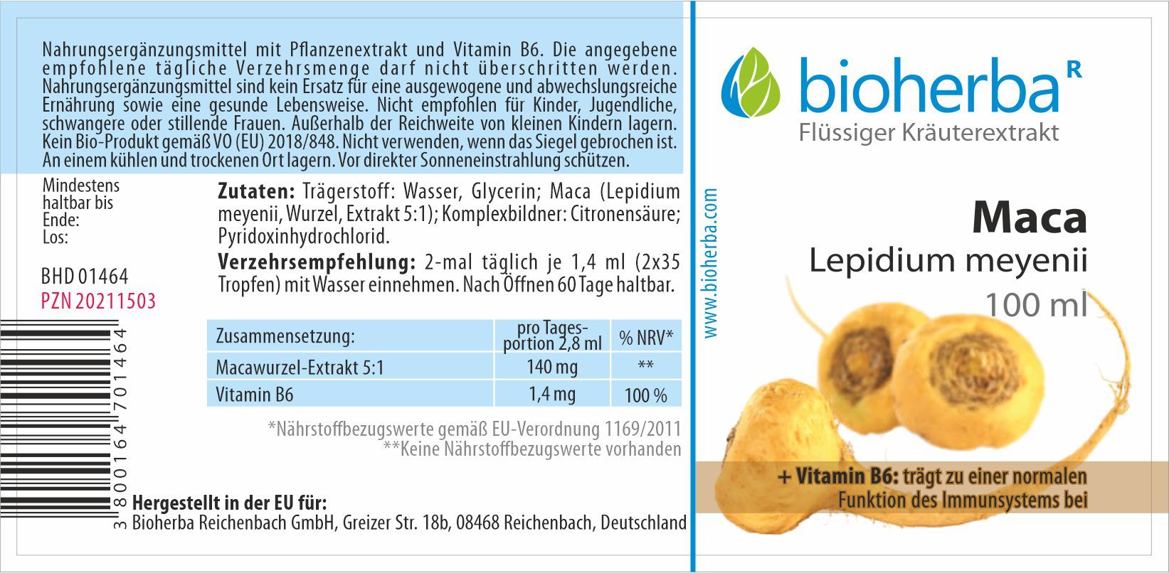 Bioherba Maca Lepidium meyenii Tropfen Tinktur. Braune Glasflasche mit Etikett. Enthält Text und Illustrationen von Maca-Wurzeln.