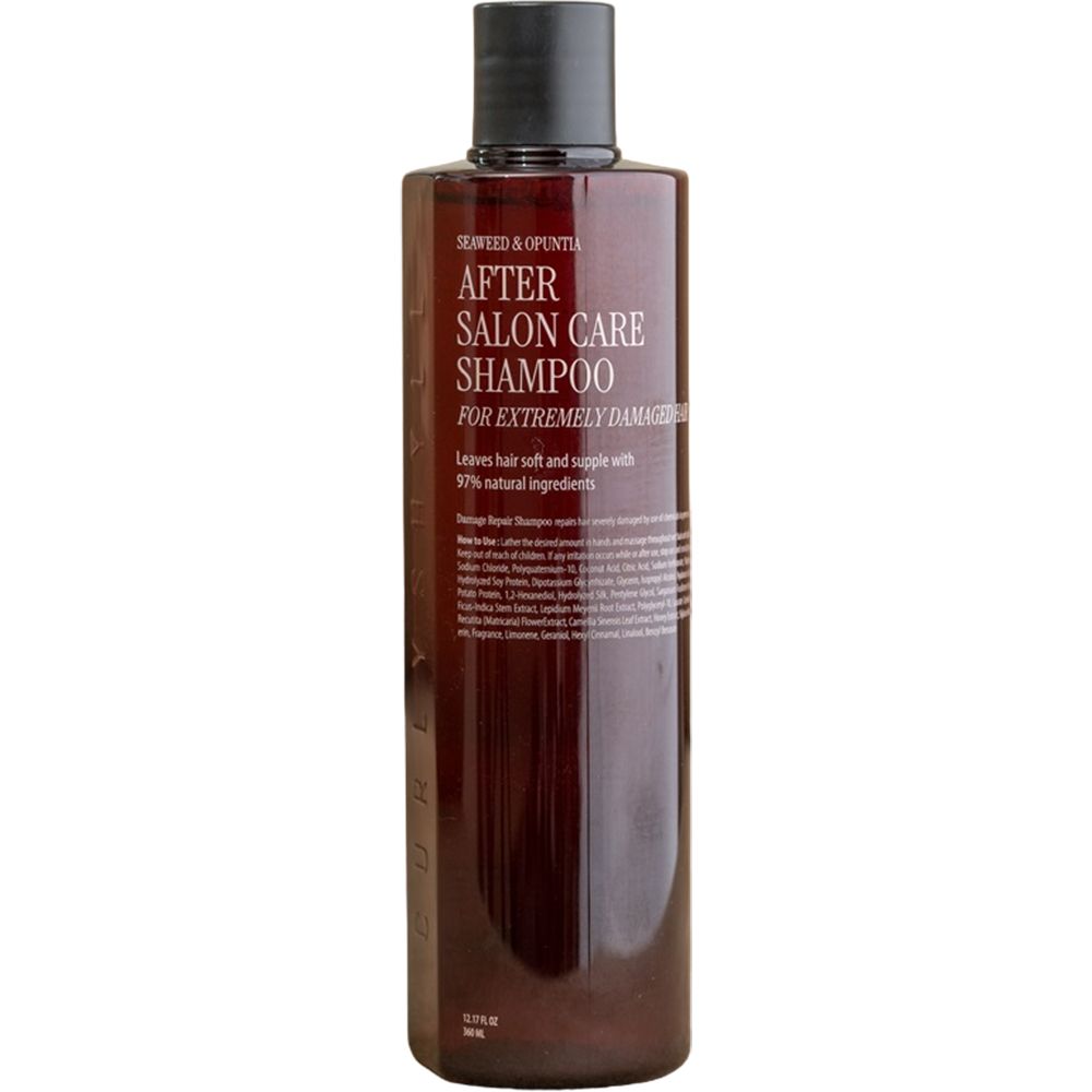 Braune Shampoo-Flasche mit schwarzem Deckel. Aufschrift: After Salon Care Shampoo für extrem geschädigtes Haar.