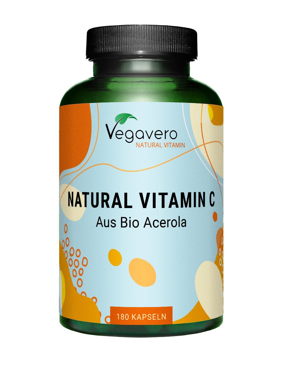Grüne Flasche mit schwarzem Deckel. Aufschrift: Vegavaro Natural Vitamin C Aus Bio Acerola. 180 Kapseln.